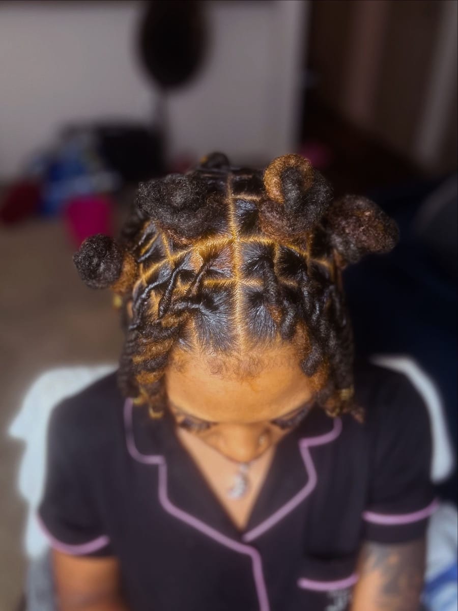 Bantu knot updo on locs with neat square parts, top view