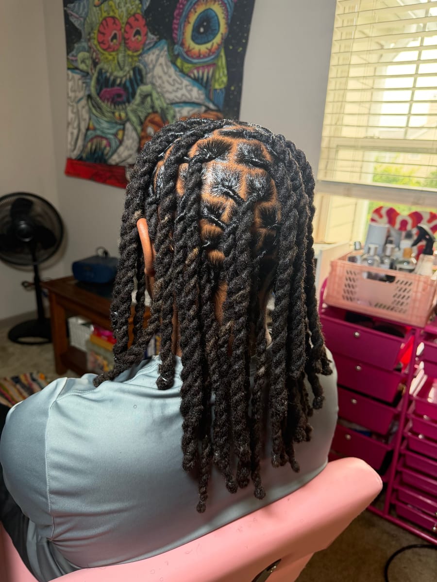 Jumbo rope twists, shoulder length, back view