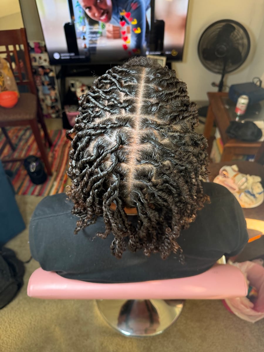 Mini twists with a clean middle part, top view