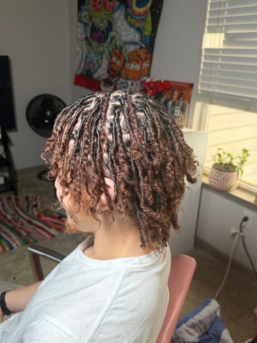 Starter locs with defined curly ends, side view
