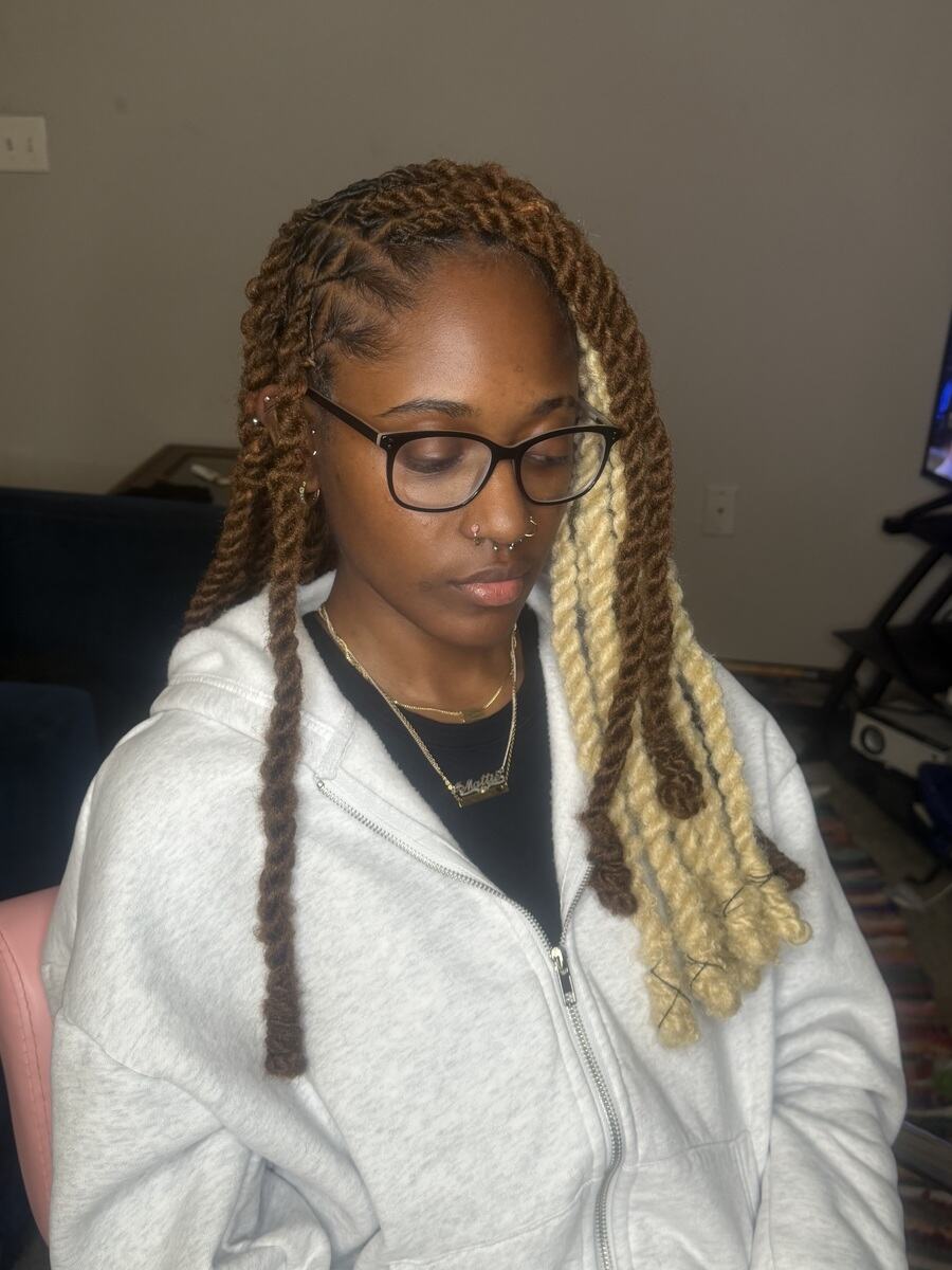 Chunky two-strand twists with a honey-blonde section, side view